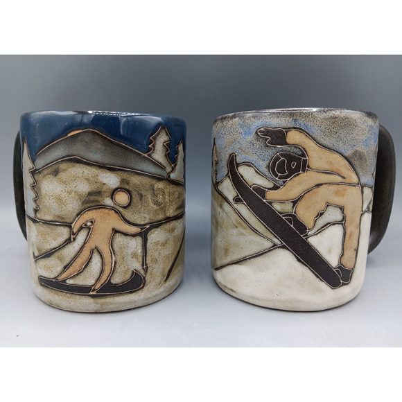 Vintage MARA Mexican Pottery Stoneware Ski Snowboard Winter Mugs Artist Signed - Picture 2 of 10